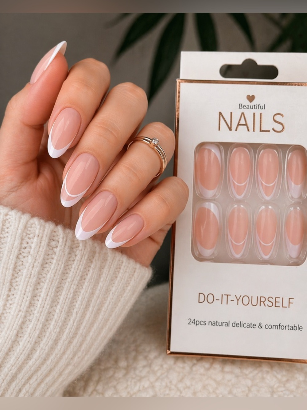 💅🤍 Elegant French Tip Press On‎ Nails Nude White Chic 24pc Reusable New
